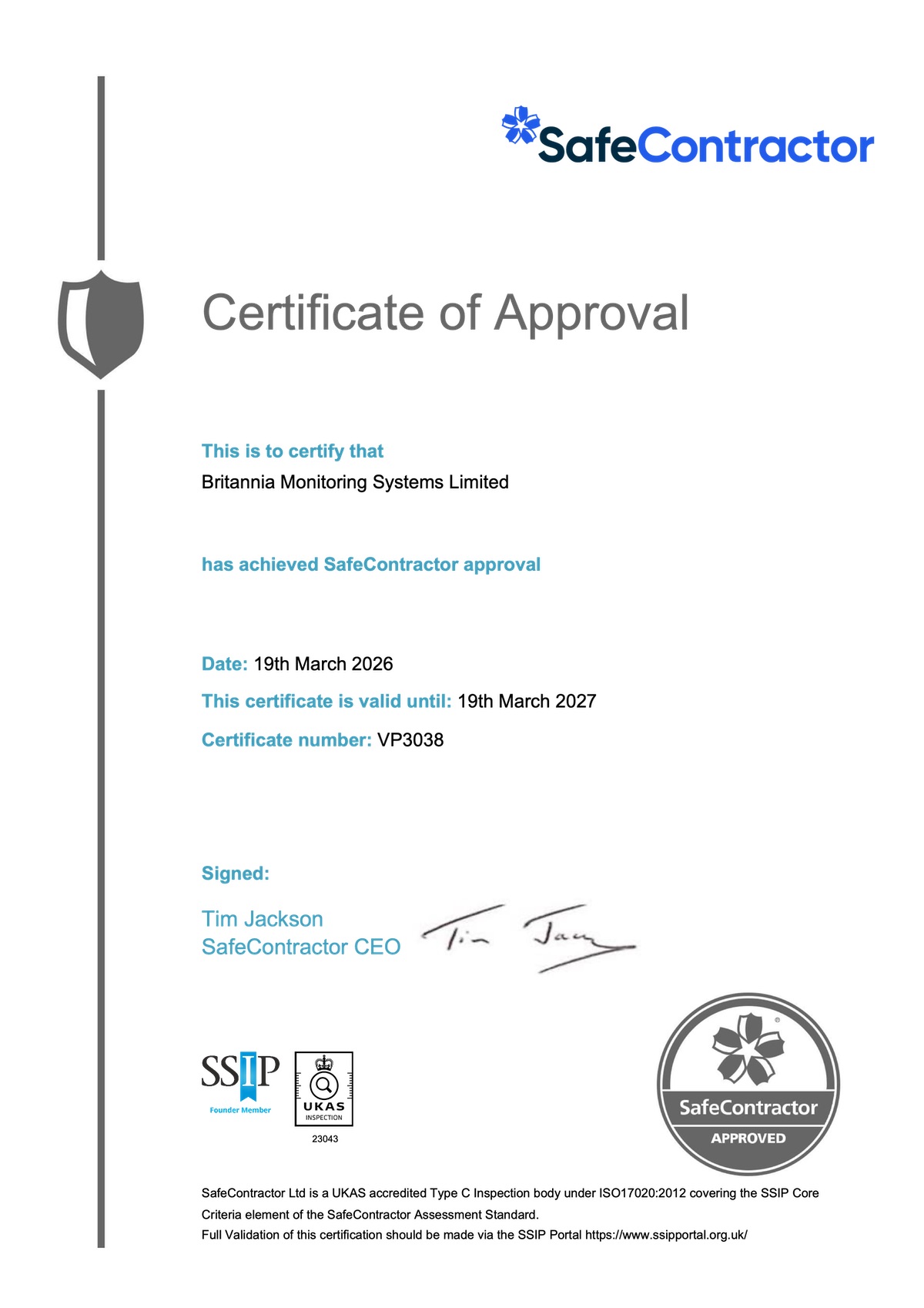 SafeContractor Certificate of Approval